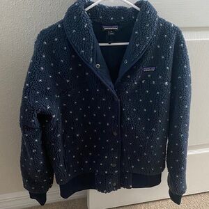 Patagonia navy and white polka dot Retro-X snap front fleece jacket M